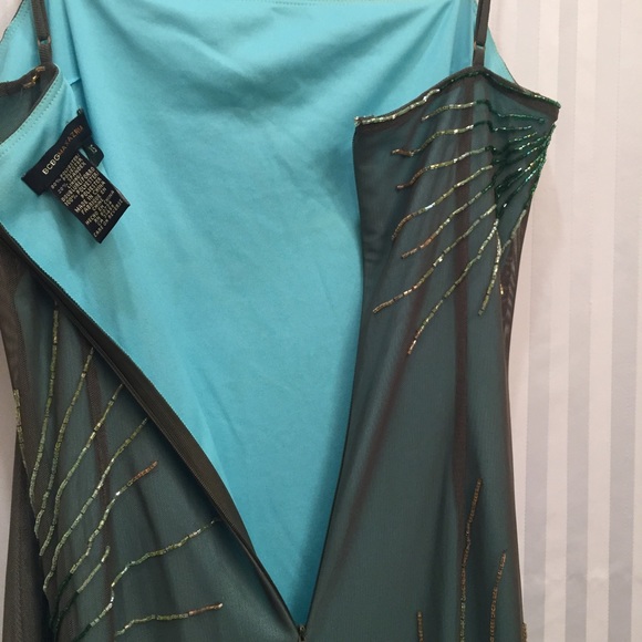 BCBG Long Olive Beaded Prom Dress - Picture 3 of 6